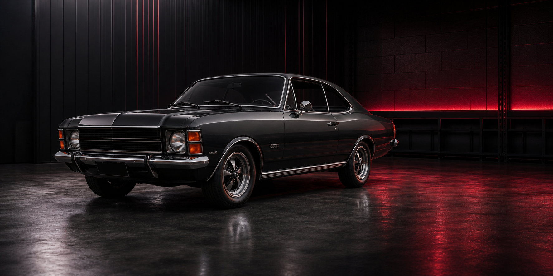 Chevrolet Opala clássico em uma garagem escura com iluminação vermelha