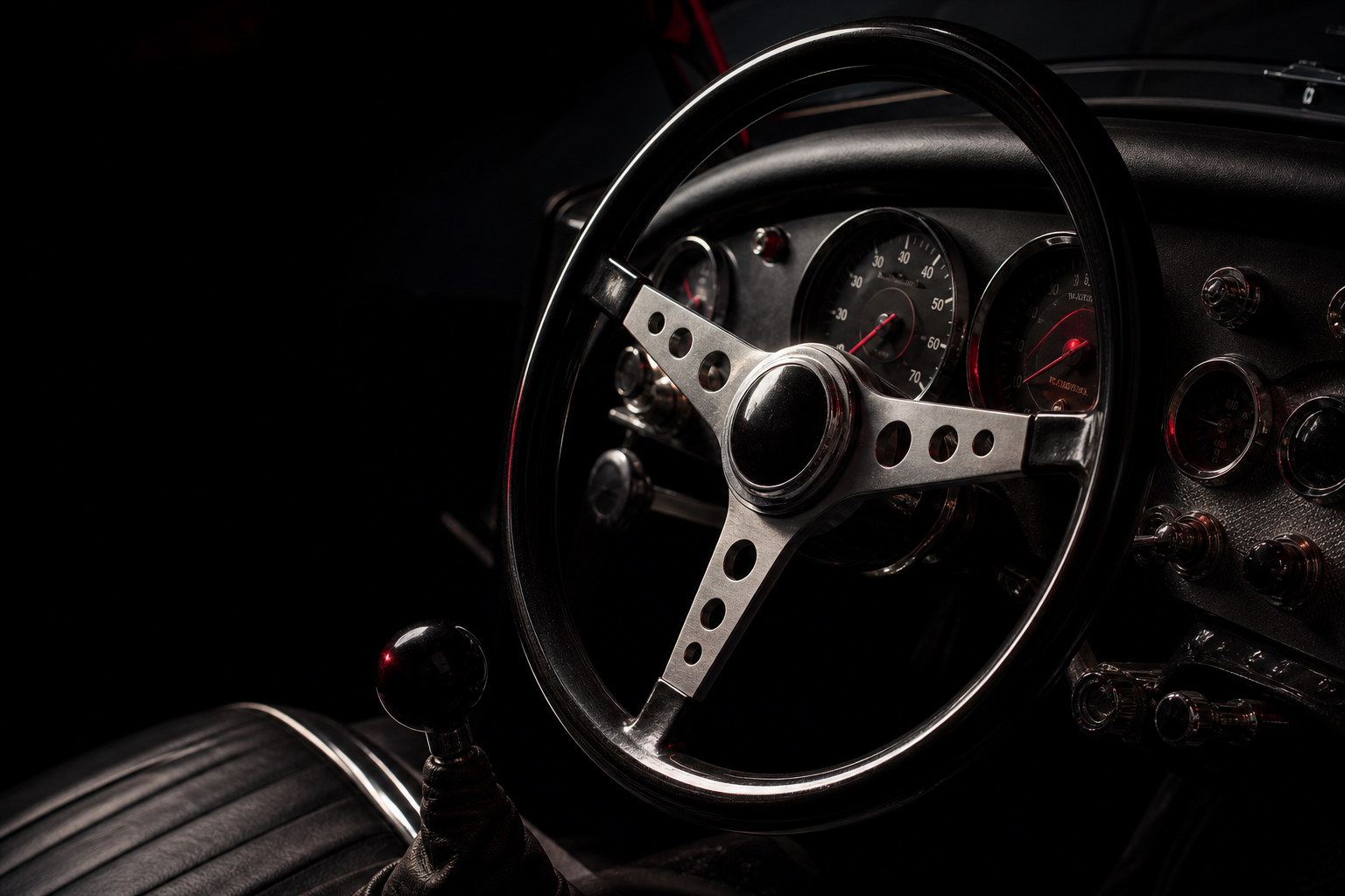 Interior de automóvel clássico com volante e instrumentos analógicos