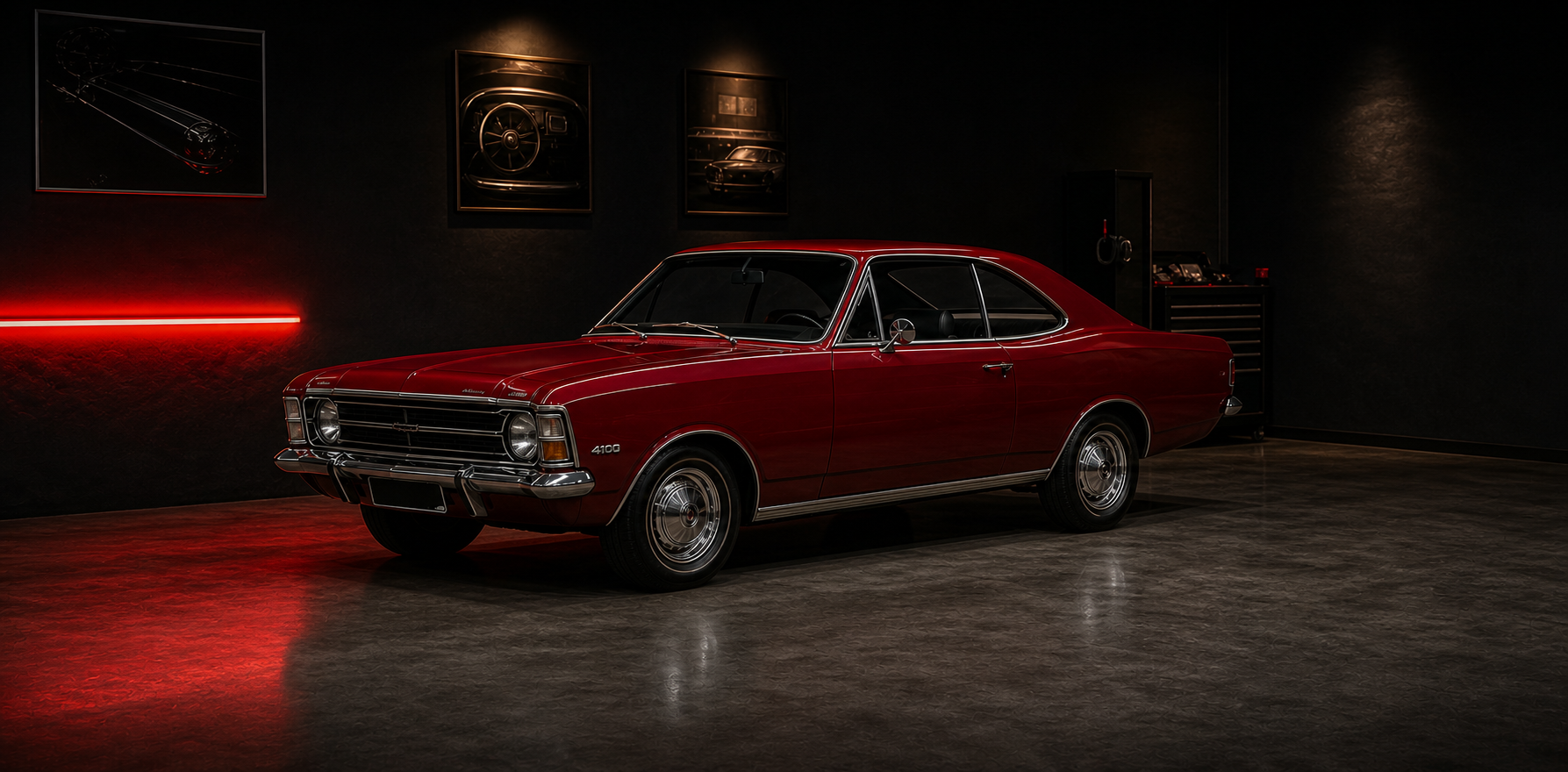 Chevrolet Opala vermelho selecionado pela Perfect Toys em uma garagem escura